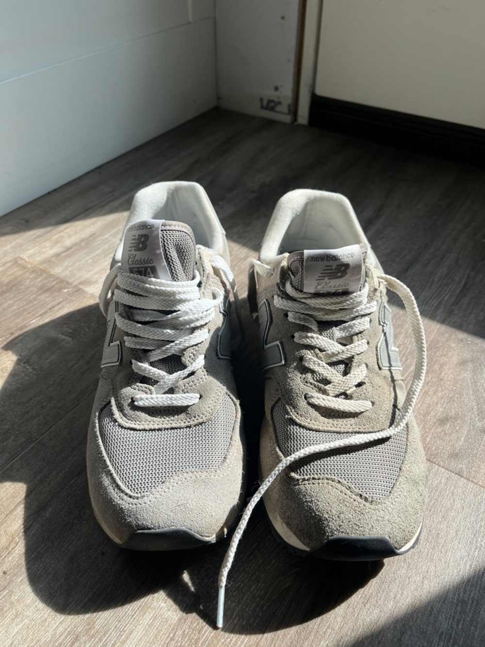 Men’s New Balance 574 Taupe and Light Gray Suede Mesh Sneakers - Picture 3 of 7